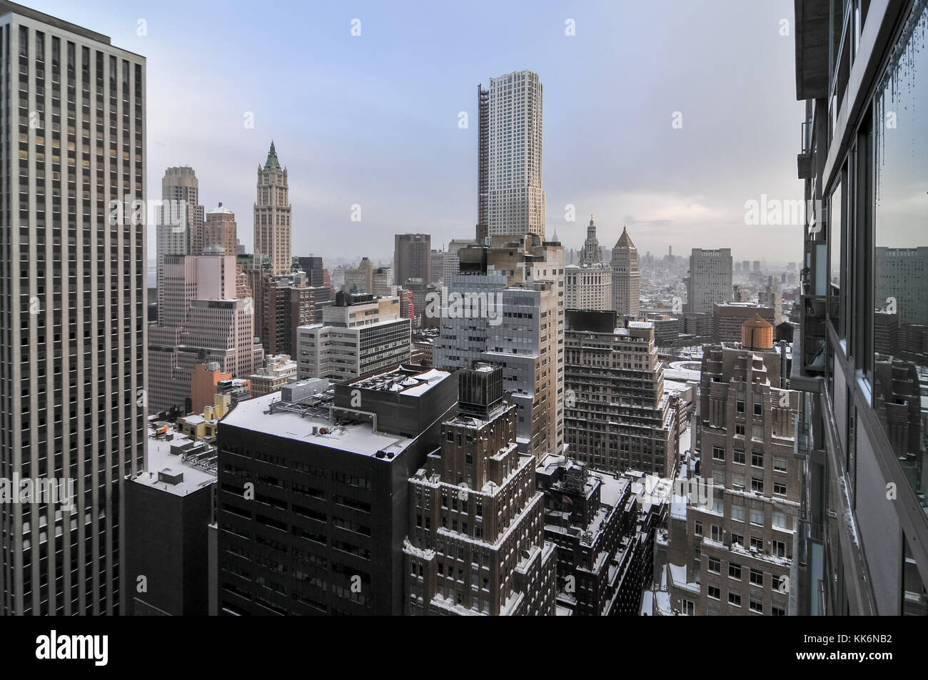 Aerial View of the skyscrapers of downtown Manhattan in New York City after a snowstorm. Stock Photo