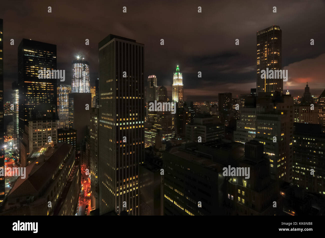 Aerial View of the skyscrapers of downtown Manhattan in New York City ...