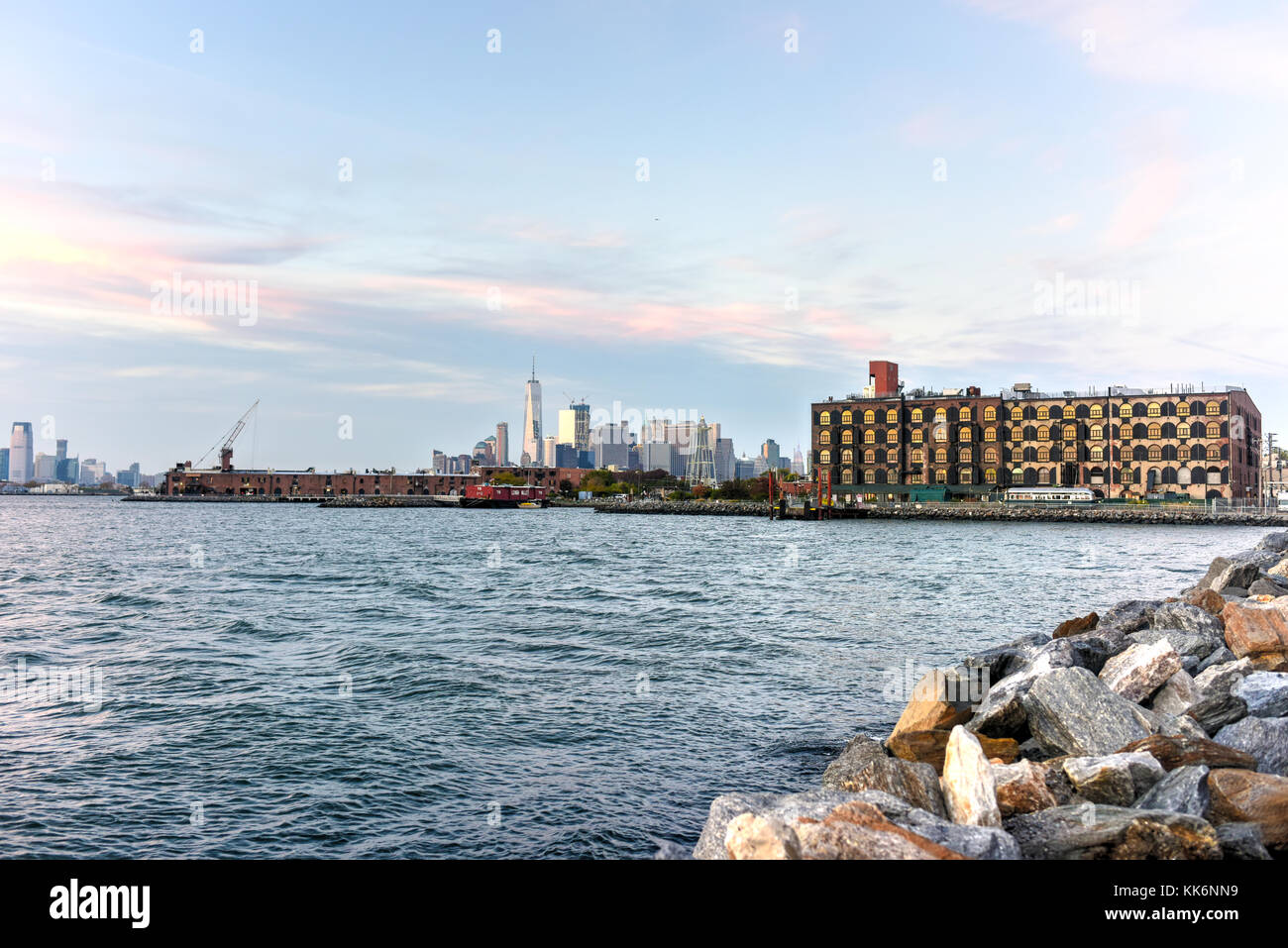 View of the Manhattan Skyline from Red Hook, Brooklyn, New York Stock