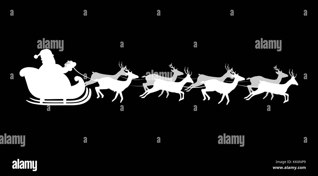 White silhouette of flying Santa Claus with reindeer on black background. Vector greeting card, Christmas card. Holiday season backdrop template illus Stock Photo