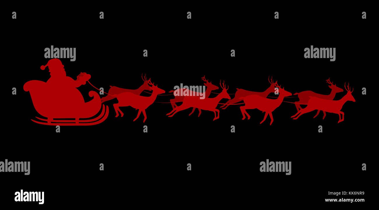 Red Santa Claus silhouette riding a sleigh with deers isolated on black ...