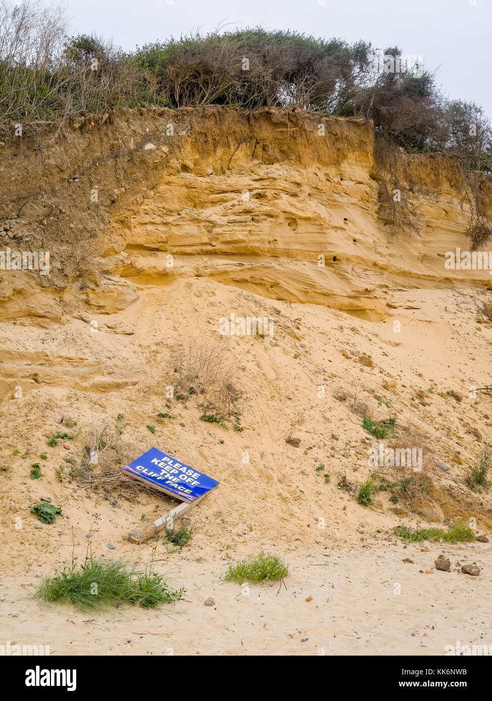 Coastal erosion along the beach at Pakefield, This is caused by Wave and Tidal action removing the sediments. Stock Photo