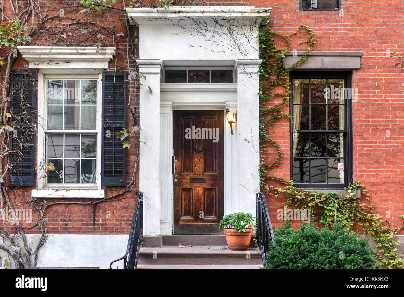 Classic Greek Revival Townhouse architecture in Greenwich Village in New York City. Stock Photo