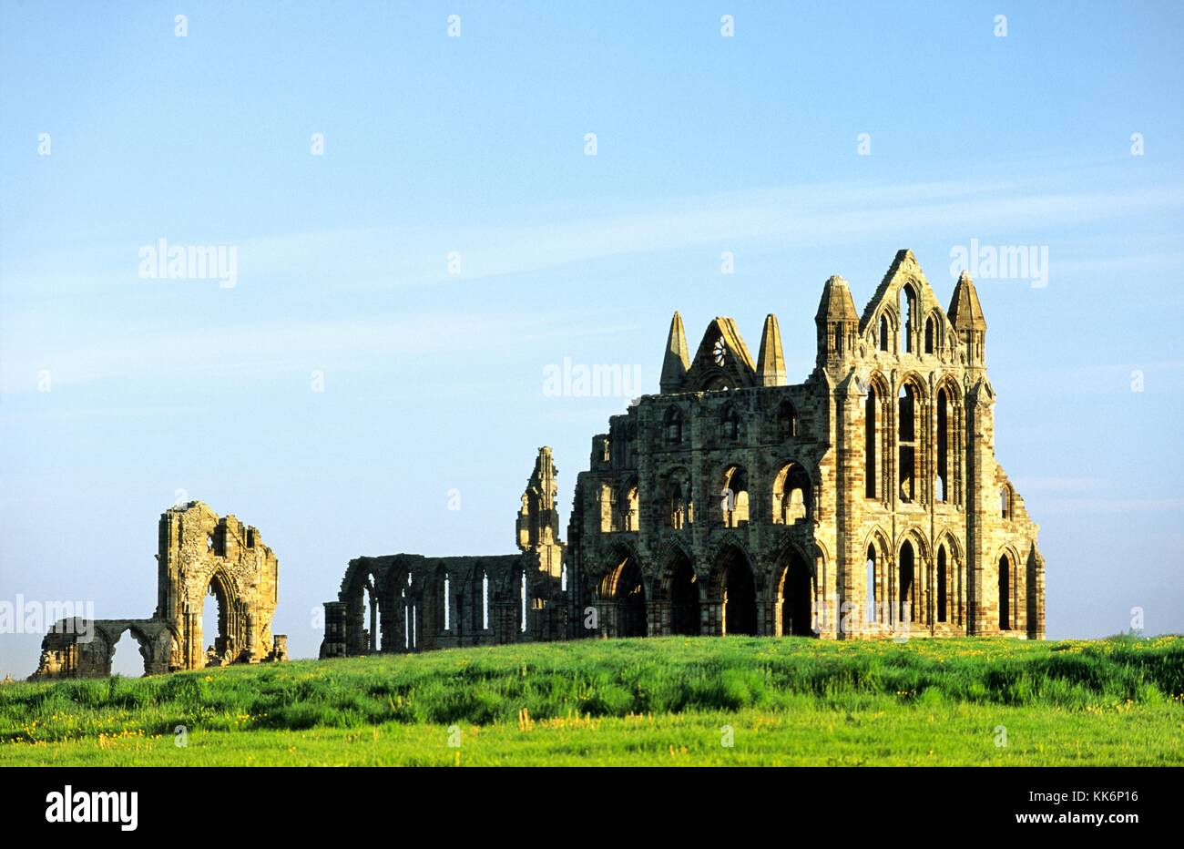 Benedictine Whitby Abbey founded 657AD. Ruin on East Cliff of old port town of Whitby, North Sea coast of North Yorkshire, England Stock Photo