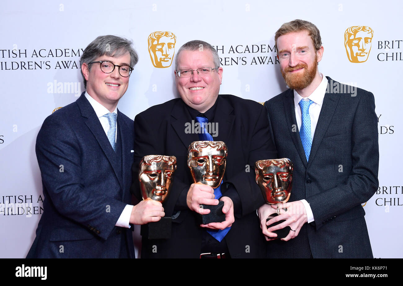 Phil Hoskins, Keith Davidson and Peter Hickman with the Interactive Award Hey Duggee: We Love Animals presented by Holly Tandy, at the British Academy Children's Awards at the Roundhouse,London. Stock Photo