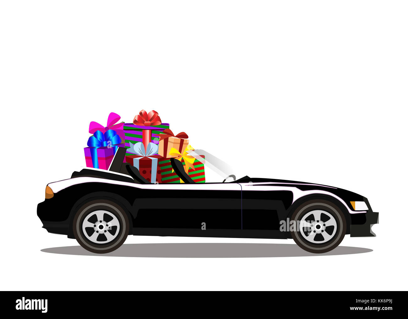 Luxury black modern cartoon cabriolet car full of gift boxes isolated on transparent background. Sport car. Vector illustration. Clip art. Stock Photo