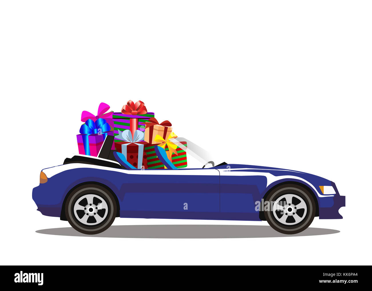 Dark blue modern cartoon cabriolet car full of gift boxes isolated on white background. Sports car. Vector illustration. Clip art. Stock Photo