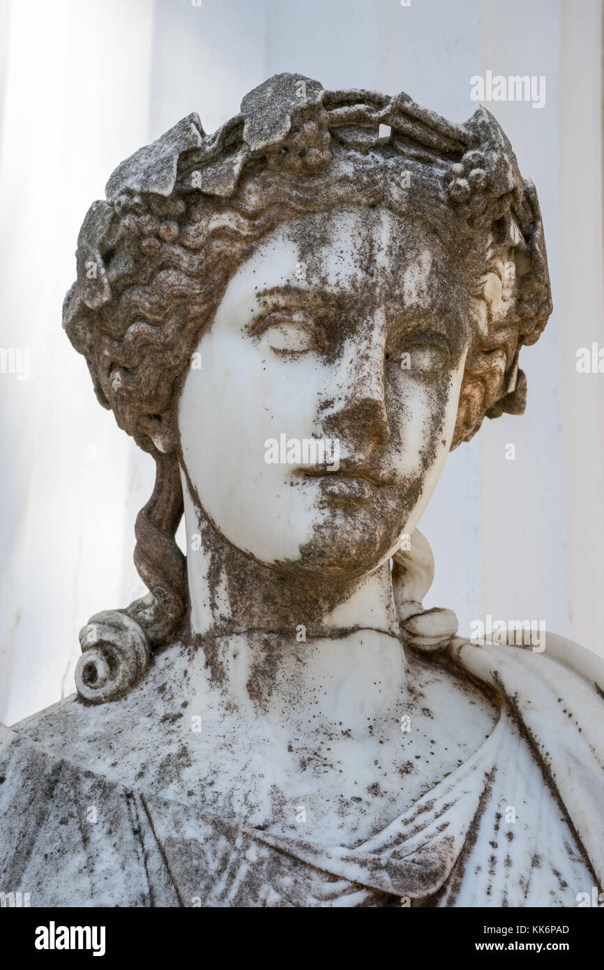 Statue of Melpomene, the muse of tragedy with an ivy wreath round her head  , on Achillion palace, Corfu Greece Stock Photo - Alamy