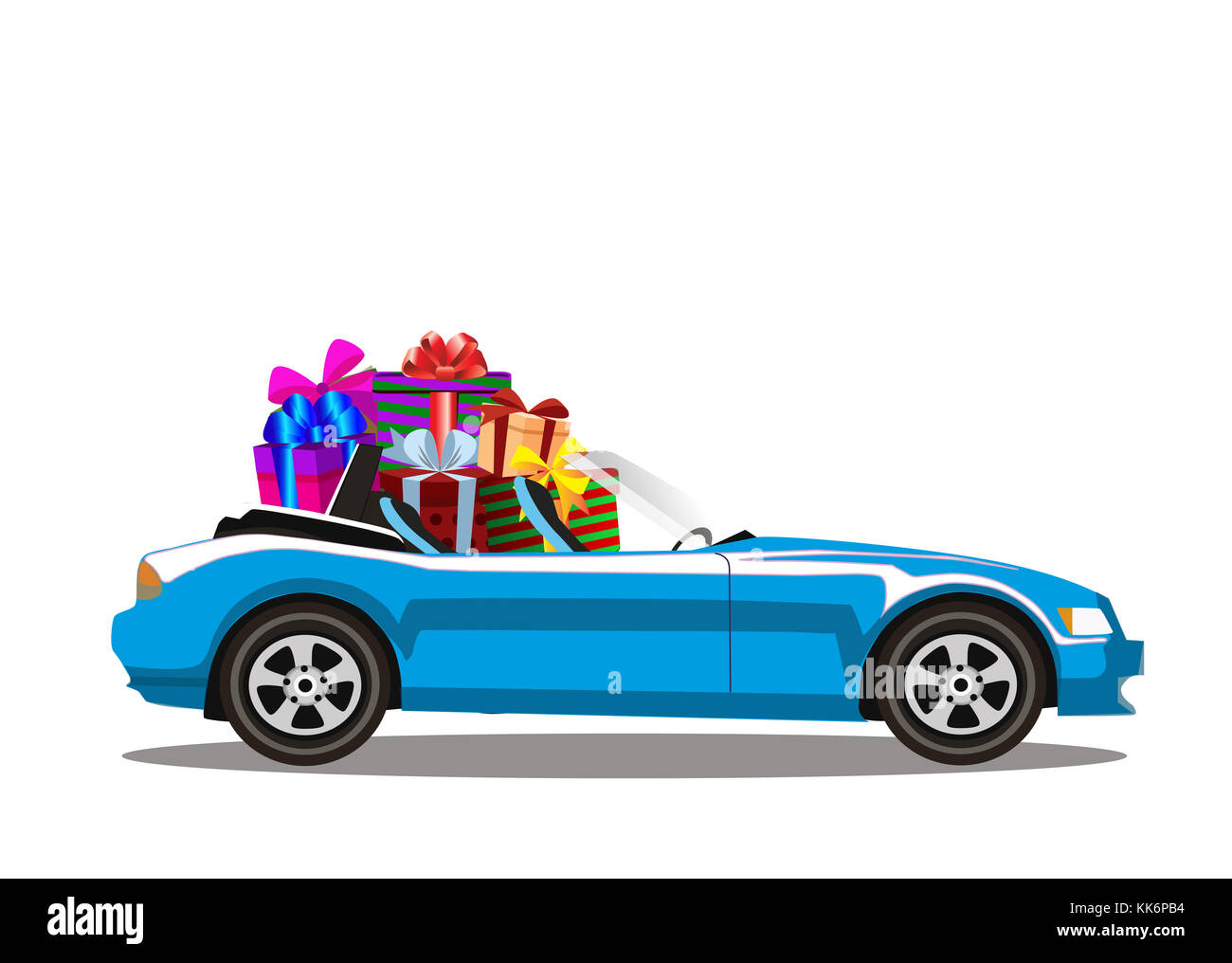 Light blue modern cartoon cabriolet car full of gift boxes isolated on white background. Sport car. Vector illustration. Clip art. Stock Photo