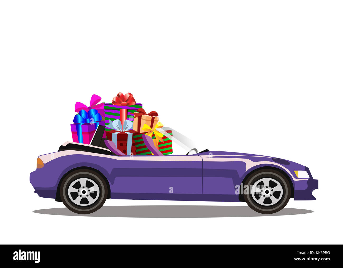 Violet modern cartoon cabriolet car full of gift boxes isolated on white background. Sports car. Vector illustration. Clip art. Stock Photo