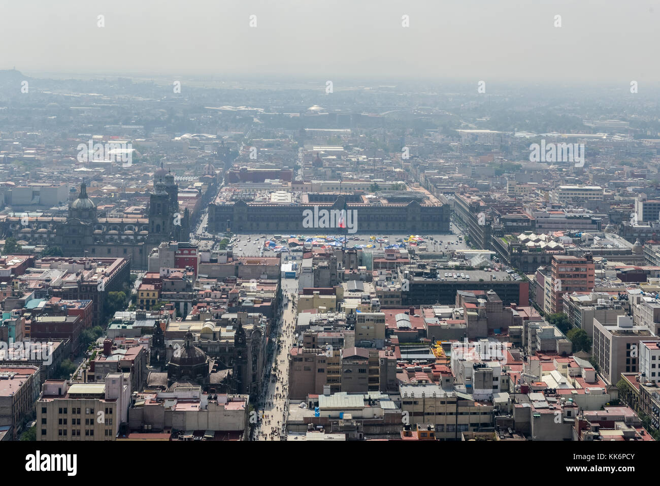 Aerial view of the center of Mexico City, Mexico including the Zocalo, Metropolitan Cathedral, and palace. Stock Photo