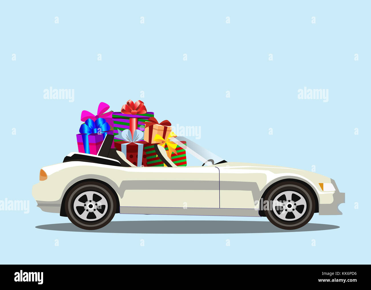 White modern cartoon cabriolet car full of gift boxes isolated. Sport car. Vector illustration. Clip art. Stock Photo