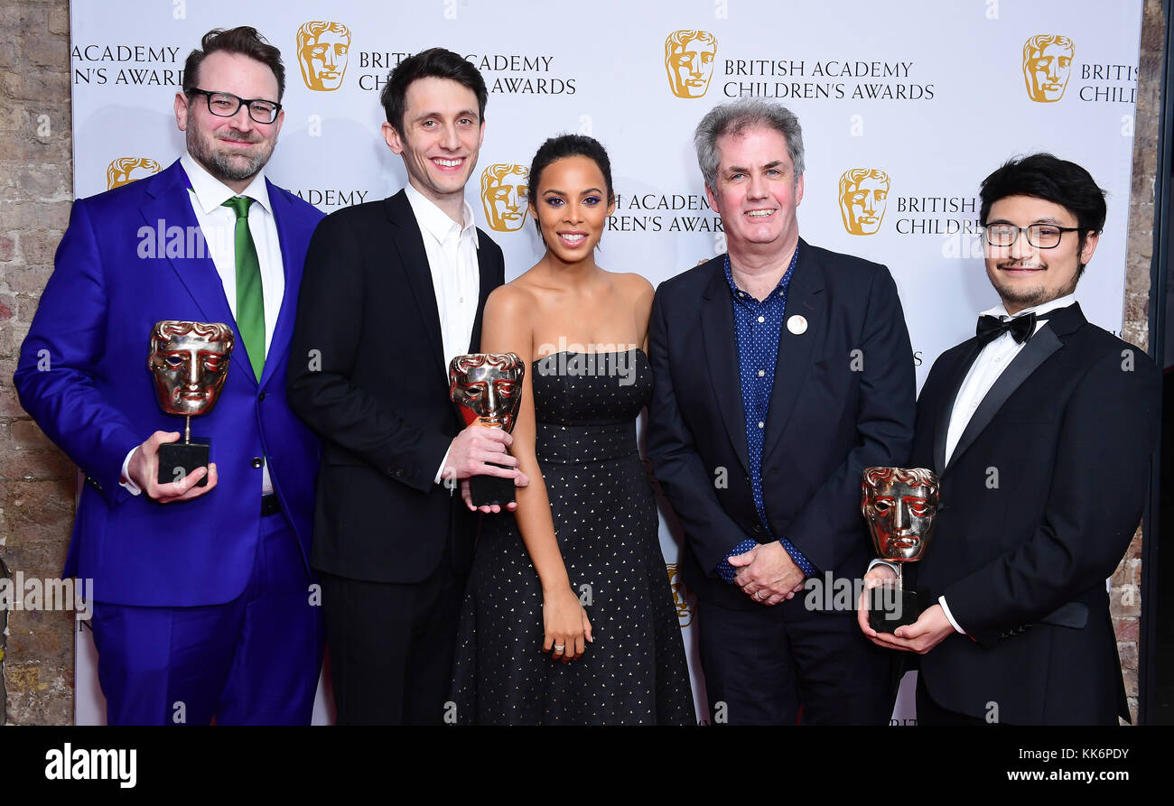 Jakob Schuh, Jan Lachauer, Martin Pope and Bin-Han To with the Animation Award  Revolting Rhymes presented by Rochelle Humes at the British Academy Children's Awards at the Roundhouse,.London. Stock Photo