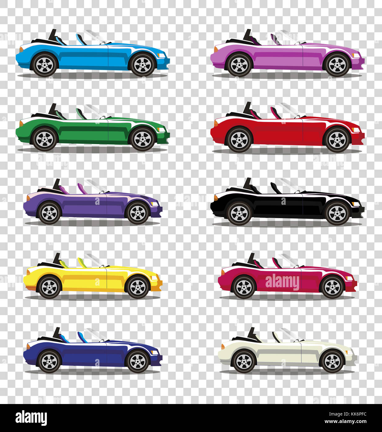 Set of modern cartoon colored cabriolet cars isolated on transparent background. Sports cars. Vector illustration. Clip art. Stock Photo