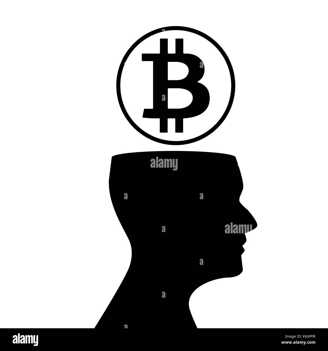 Black silhouette of human head with sign of bitcoin above isolated on white background. Vector illustration, icon, clip art,  emblem. Stock Photo