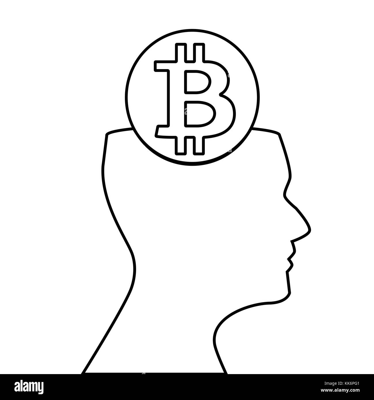 Black outline silhouette of human head with sign of bitcoin inside isolated  on white background. Vector illustration, icon, clip art, emblem Stock  Photo - Alamy