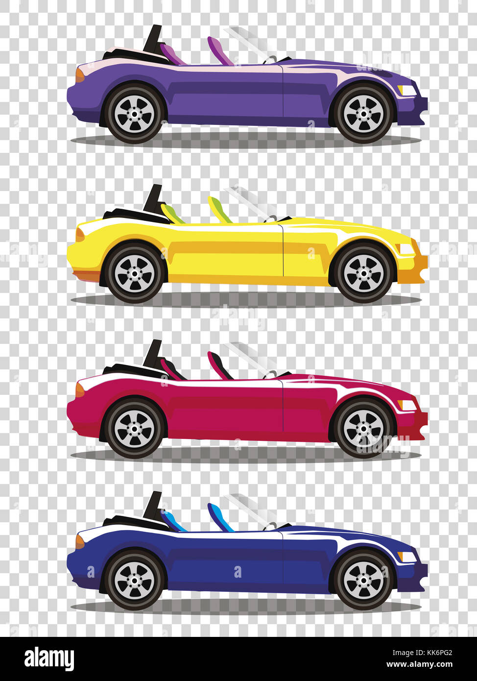 Set of modern cartoon colored cabriolet cars isolated on transparent background. Sports cars. Blue, yellow, red and violet cars. Vector illustration.  Stock Photo