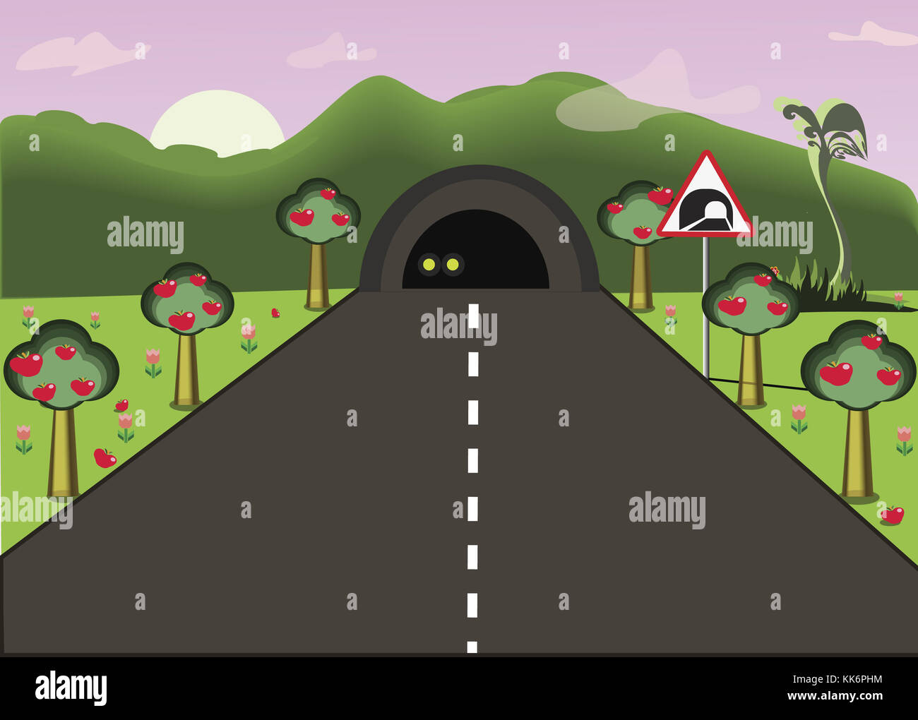 Car's headlamps shining in the tunnel. Road going through the tunnel. Flat vector illustration of cartoon road landscape. Stock Photo