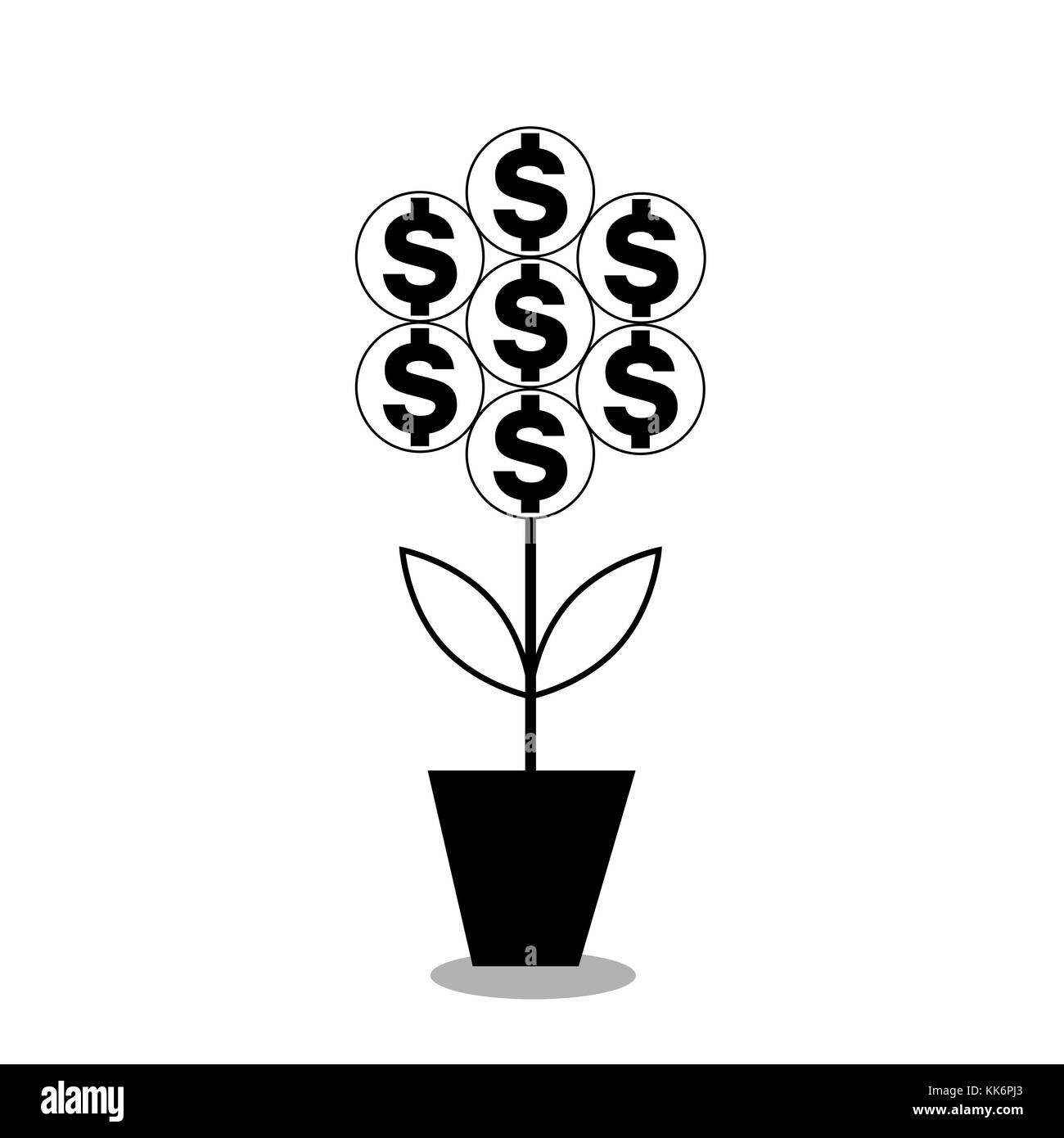 black icon of dollar flower in the pot. vector illustration, silhouette, clip art isolated on white background. Stock Photo