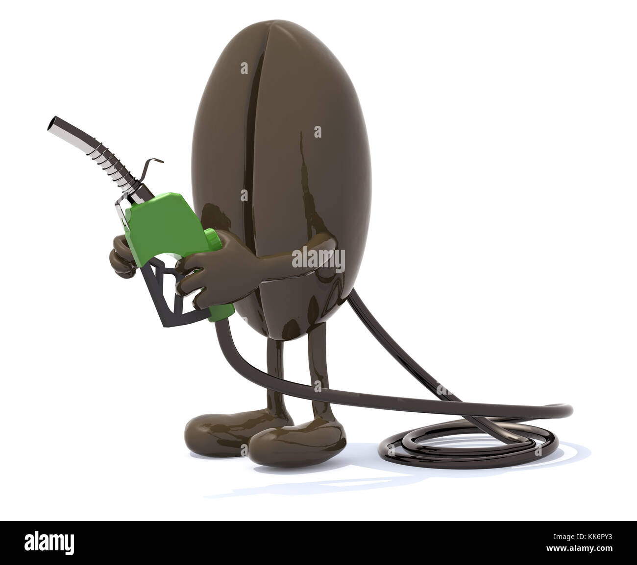 coffee bean with arms, legs and fuel pump on hand, gasoline energy from