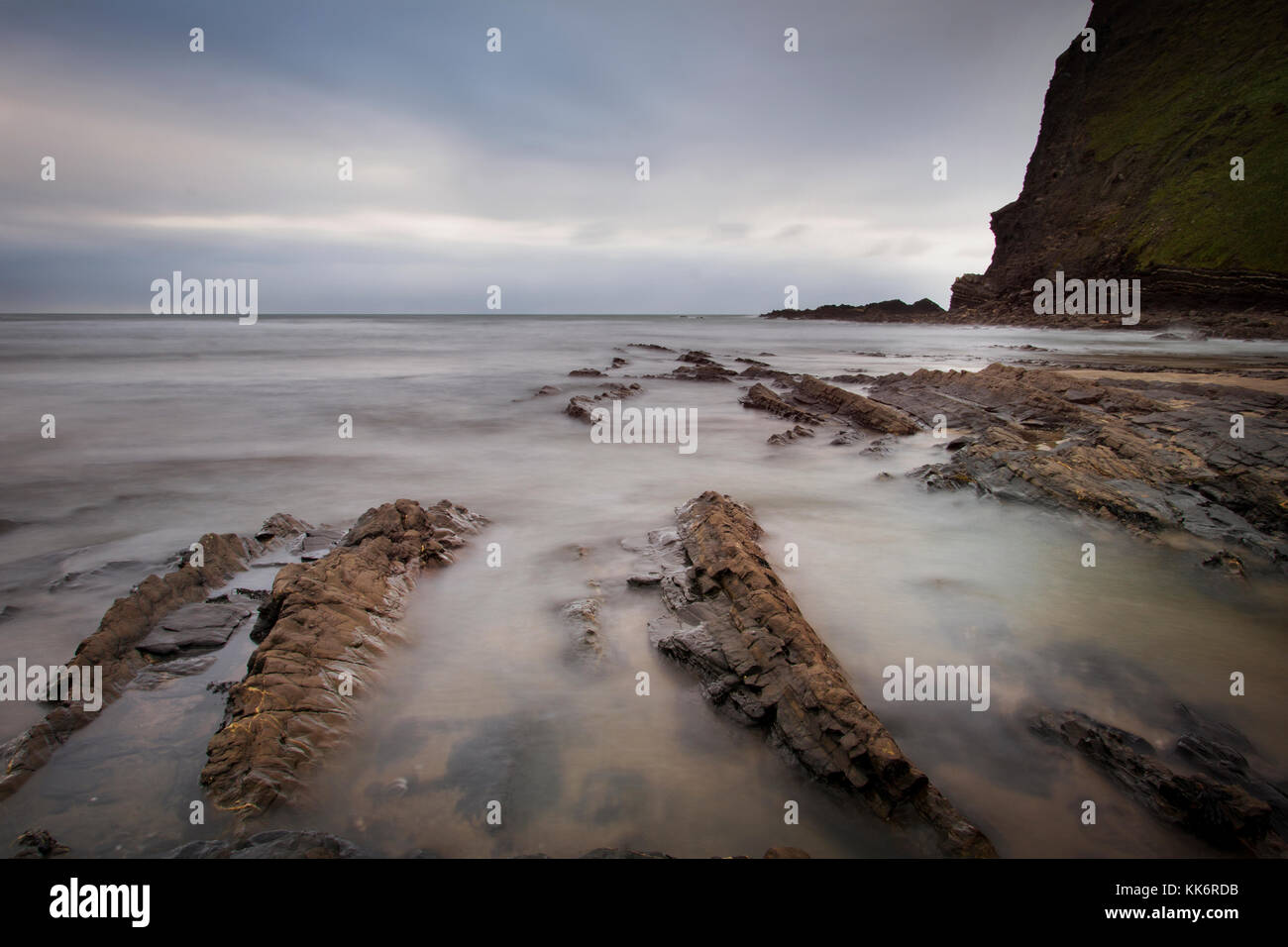 The jagged rock formation on the beach at Crackington Haven Cornwall Stock Photo