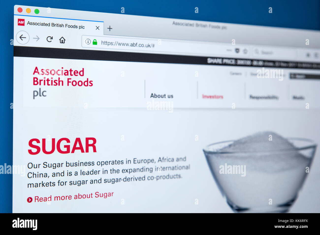 LONDON, UK - NOVEMBER 22ND 2017: The homepage of the official website for Associated British Foods plc - the British multinational food processing and Stock Photo