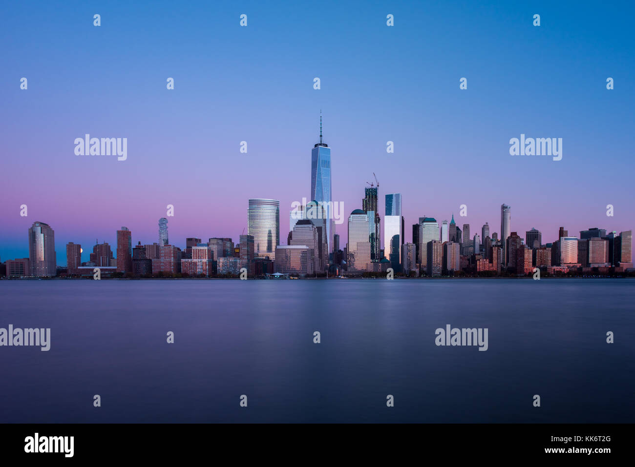 New York skyline as viewed across the Hudson River in New Jersey at sunset. Stock Photo