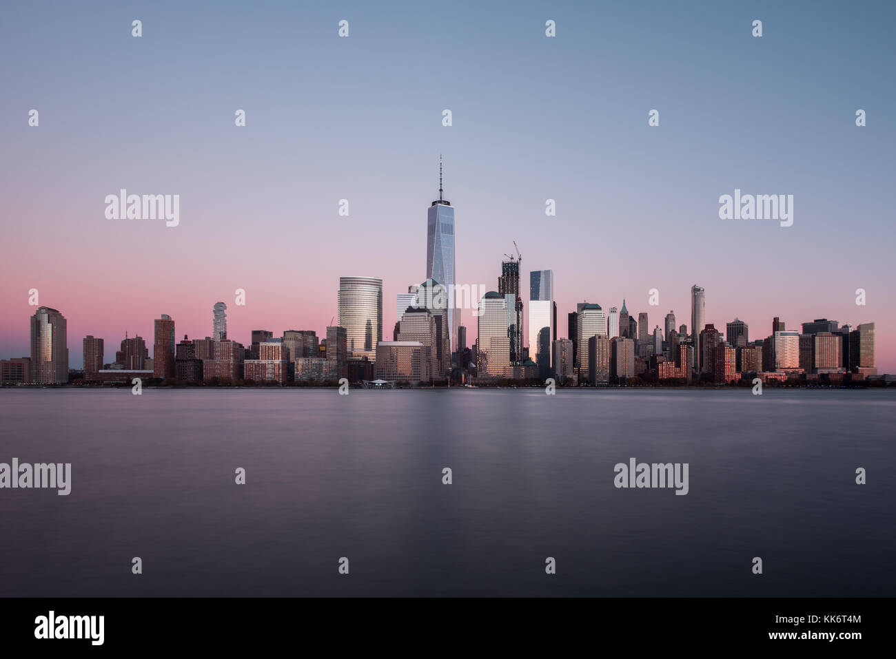 New York skyline as viewed across the Hudson River in New Jersey at sunset. Stock Photo