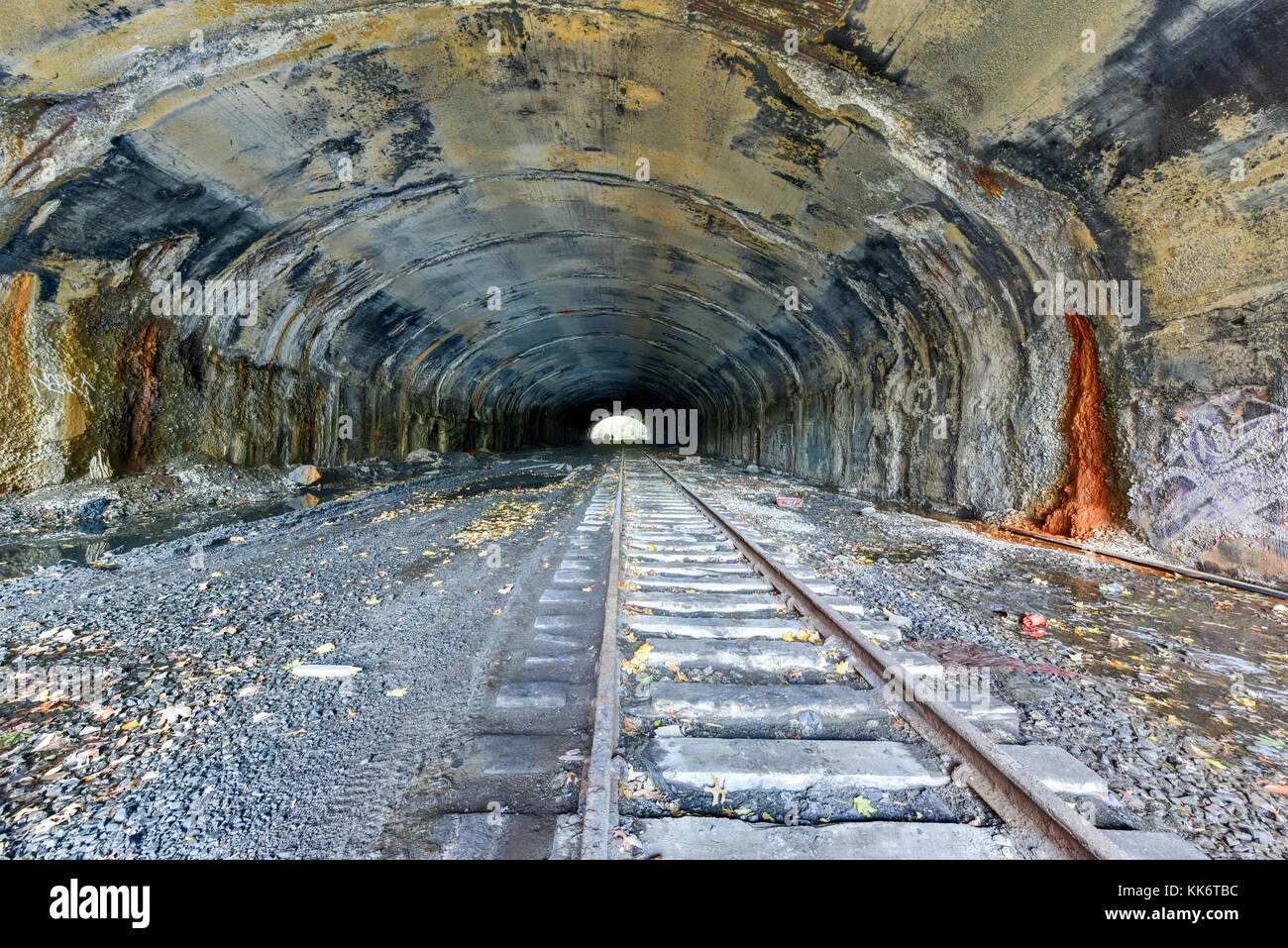 Train tracks going through the Bergen Arches of Jersey City, New Jersey