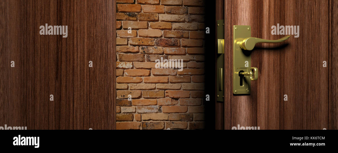 No way out concept. Brick wall out of an open wooden door with bronze handle and key, 3d illustration Stock Photo