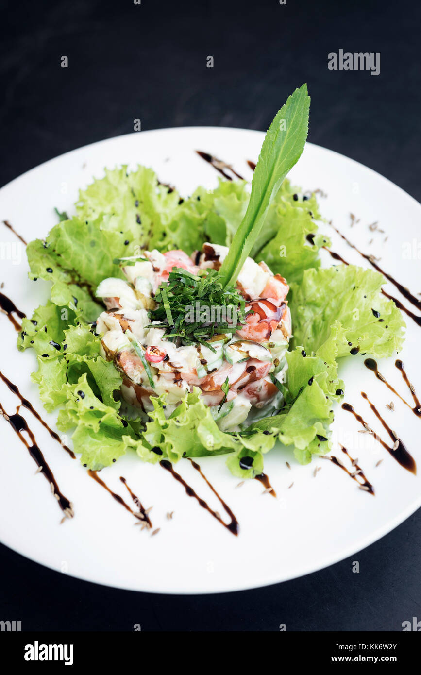 gourmet prawn cocktail salad with apple celery and spicy yoghurt sauce