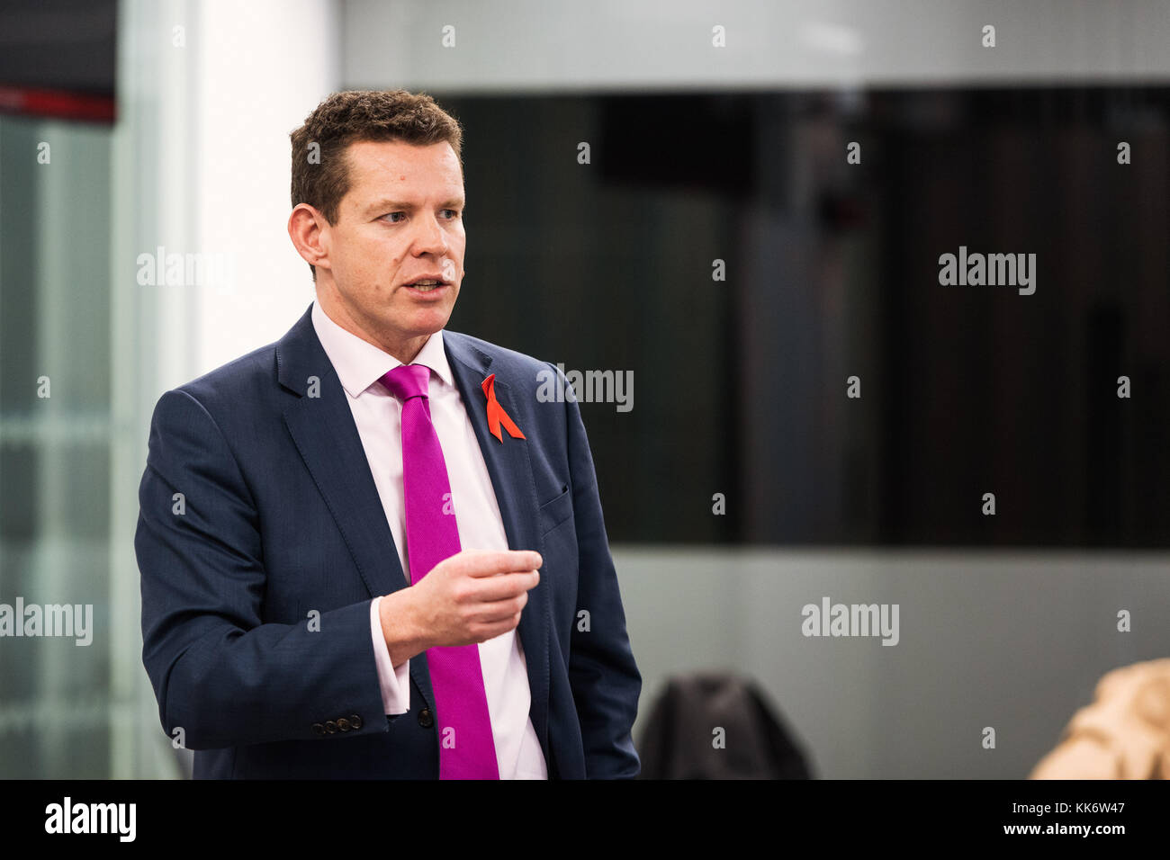 Rhun Ap Iowerth AM, Plaid Cymru Member of the Welsh Assembly Government for Ynys Môn, speaking in Tŷ Hywel in Cardiff Bay Stock Photo