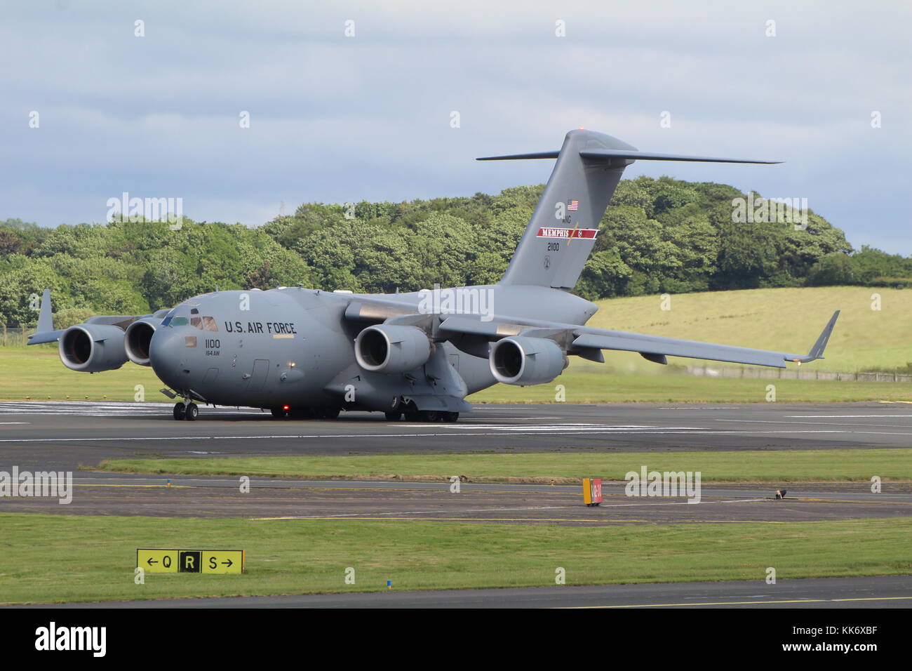 02-1100, a Boeing C-17A Globemaster III operated by the United States Air Force's 164th Airlift Wing, at Prestwick Airport in Ayrshire. Stock Photo