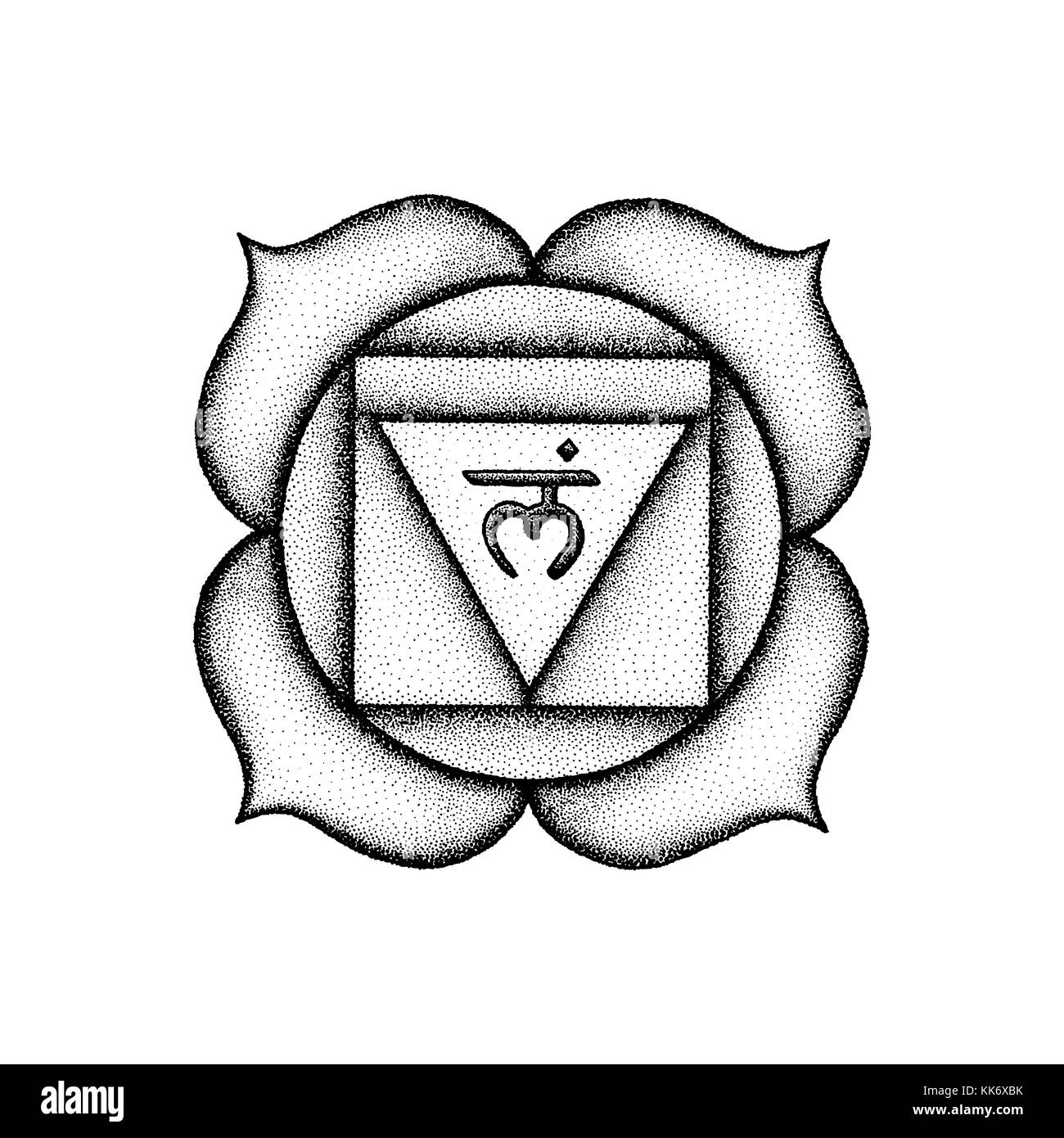 Vector first root chakra Muladhara sanskrit seed mantra Lam hinduism syllable lotus petals. Dot work tattoo style hand drawn black monochrome symbol w Stock Vector