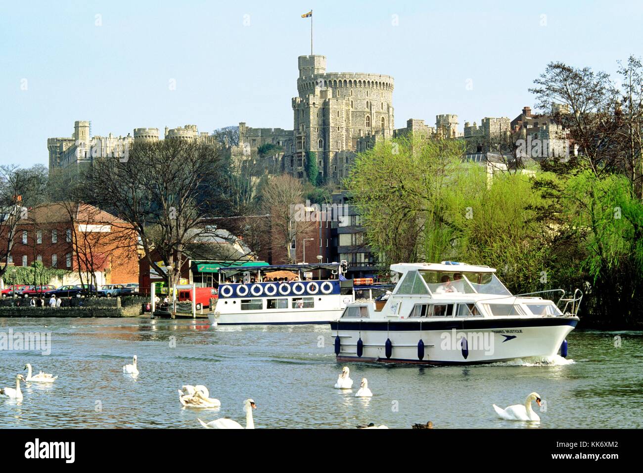 Windsor Castle on the River Thames, London, England UK. Summer pleasure boatsboat Stock Photo