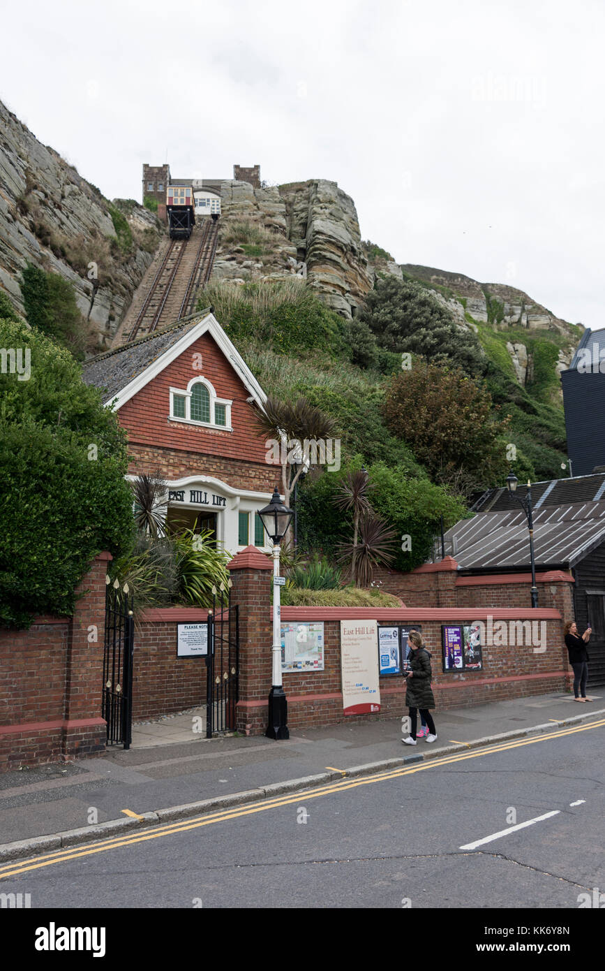 One of the two cable cars at the top of the East Hill Cliff Funicular Railway in Hastings Old Town, East Sussex, Britain.   t is the steepest funicula Stock Photo