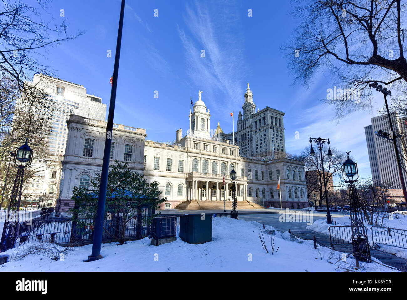 New York City Hall in City Hall Park in the winter. Stock Photo