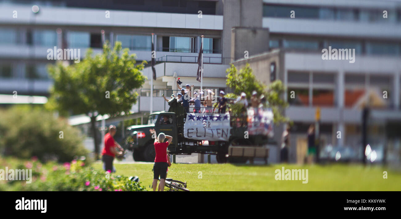 Student bus in denmark. Party celebrating the end the high school Stock Photo