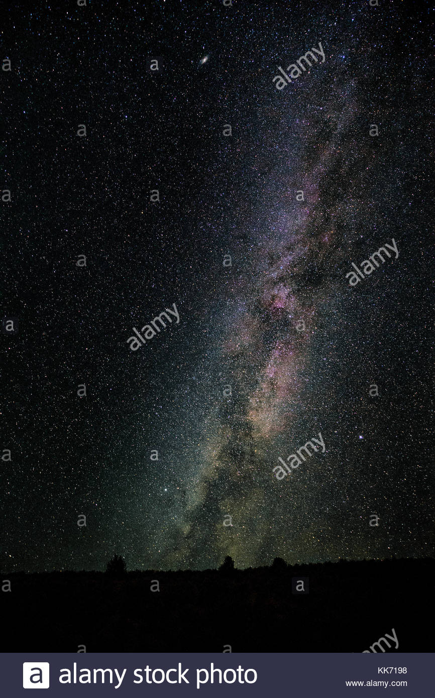 The Milky Way stretches across the sky over the Mormon Basin in Malheur County, Oregon. The Milky Way is the galaxy that contains our solar system and Stock Photo