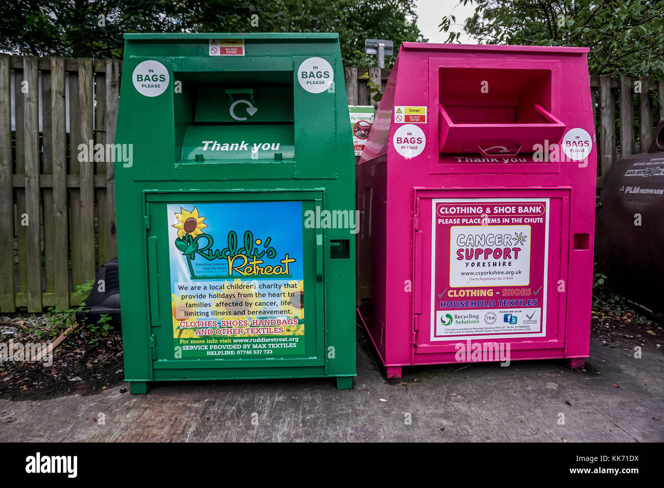 Recycling clothes and shoe bank located in the co-op car park, Holmfirth,  West Yorkshire, England UK Stock Photo - Alamy