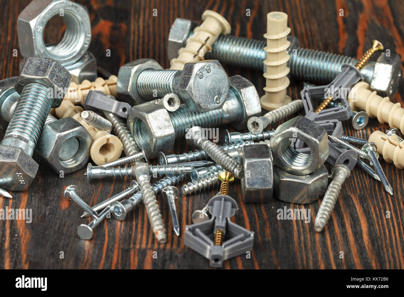 Metal bolts, nails screws and plastic dowels for mounting and fixing