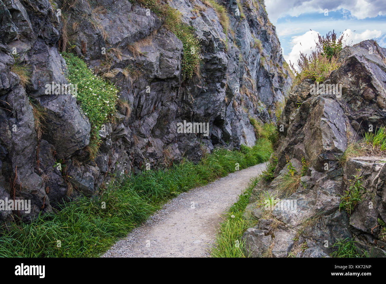 Stone rocks mountain path at Irish seacoast. Bray, Greystone Stock Photo