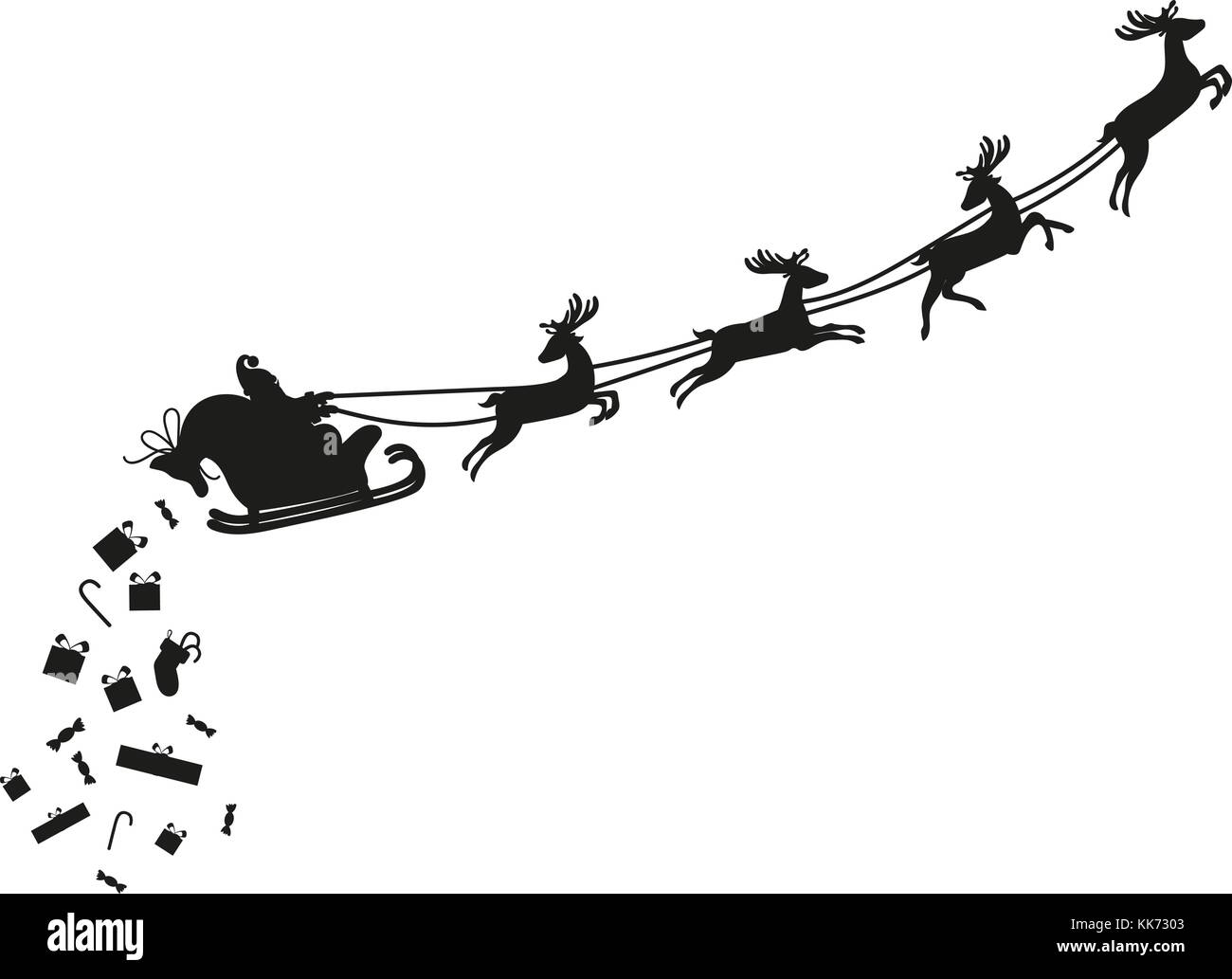 Santa Claus flying with deer and drops presents. Black silhouette on white background. Vector illustration Stock Vector