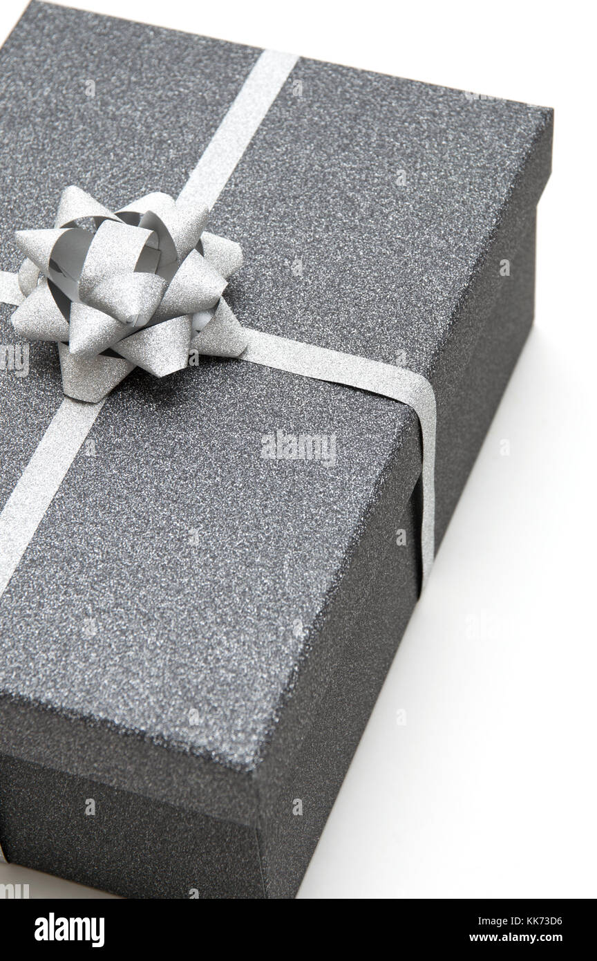 Black gift box with silver ribbon on white background Stock Photo Alamy