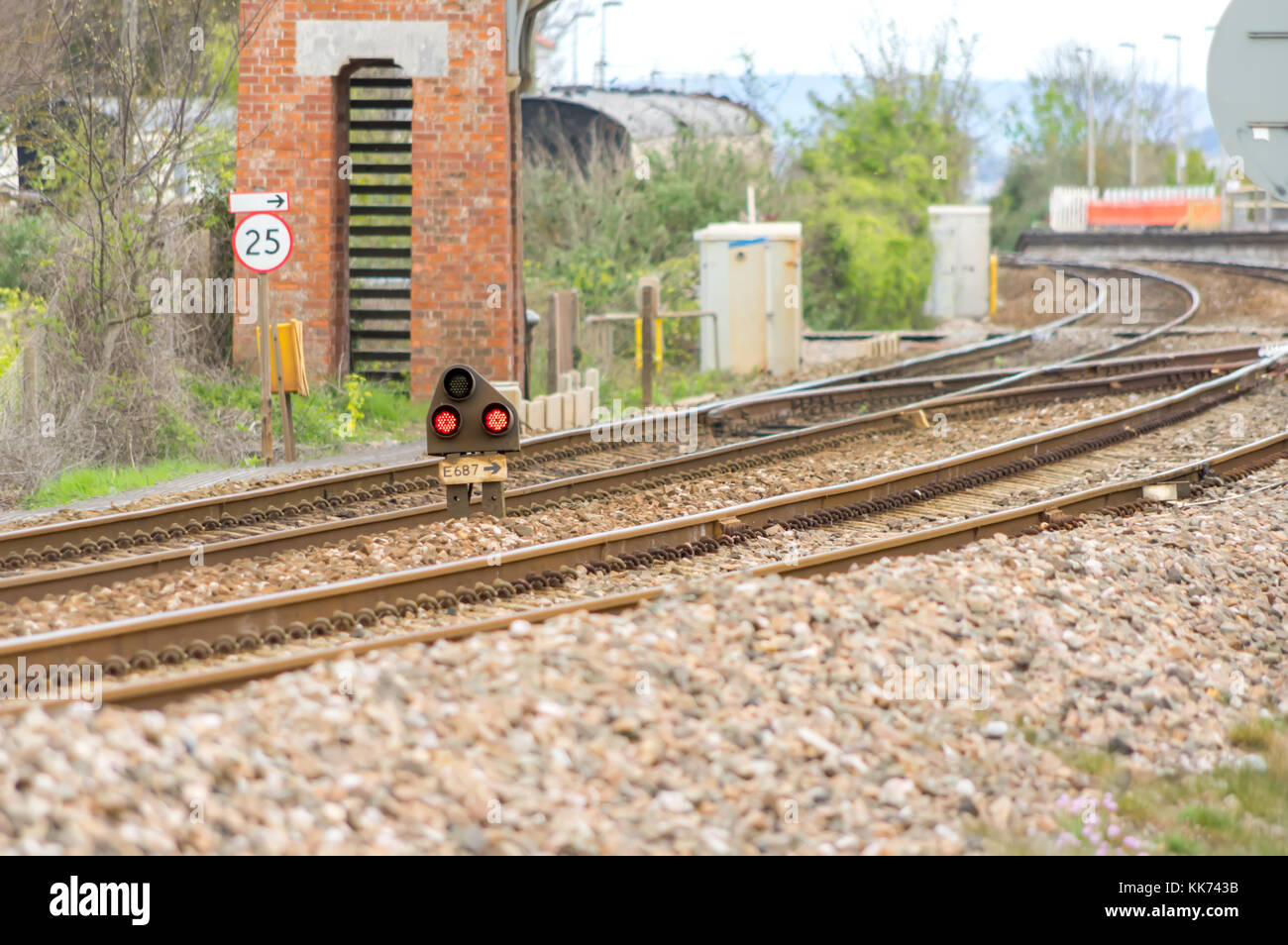 Railway tracks and signal lights Stock Photo Alamy