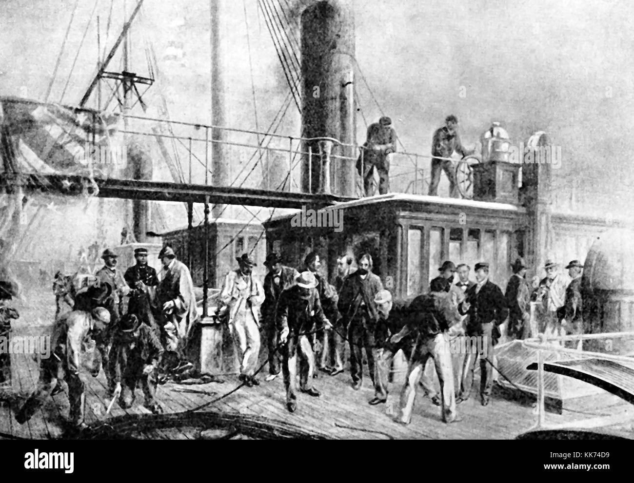 Recovering the Atlantic Telegraph cable from the sea bed 1866 (laid by the 'Great Eastern' the year before) Stock Photo