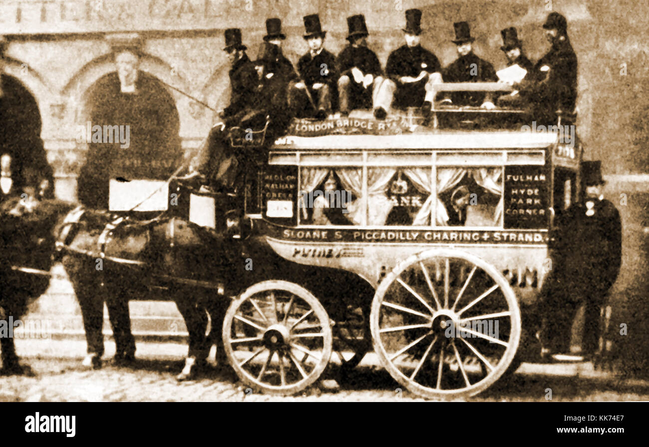1868 a London horse-drawn bus showing destinations - London Bridge - Sloane Square - Hyde Park - Charing Cross - Strand - Fulham Stock Photo