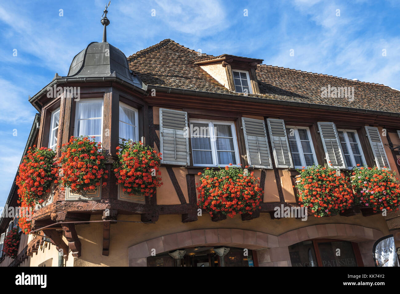 flowery house in the village Andlau, Villages Fleuris, foothills of the Vosges Mountains, on the Wine Route of Alsace, France Stock Photo