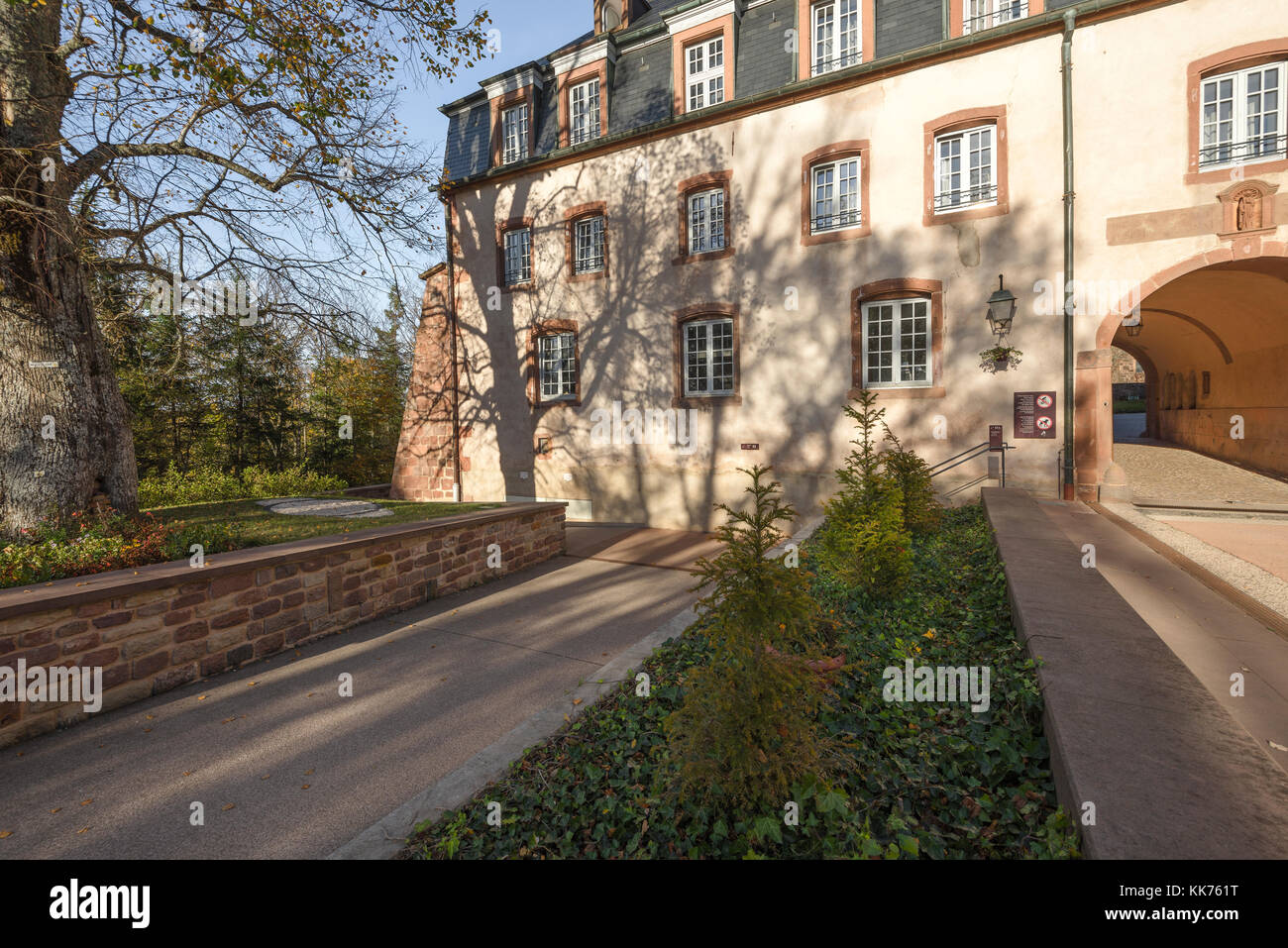 Mont Sainte-Odile Abbey, also known as Hohenburg Abbey, Mont Sainte-Odile, in German Odilienberg, peak in the Vosges Mountains, Alsace, France Stock Photo