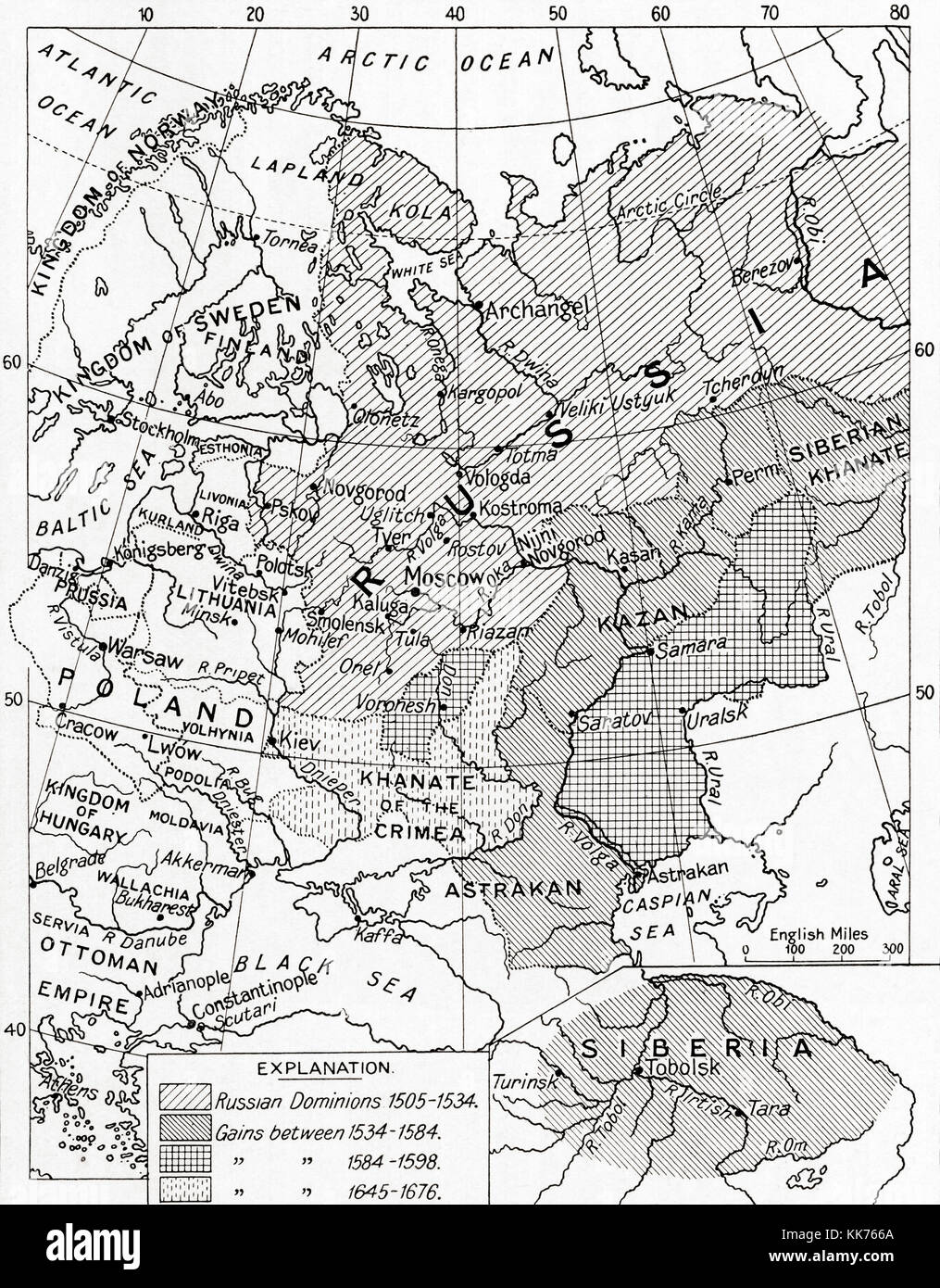 Map of Russia in the 16th and 17th centuries.  From Hutchinson's History of the Nations, published 1915. Stock Photo